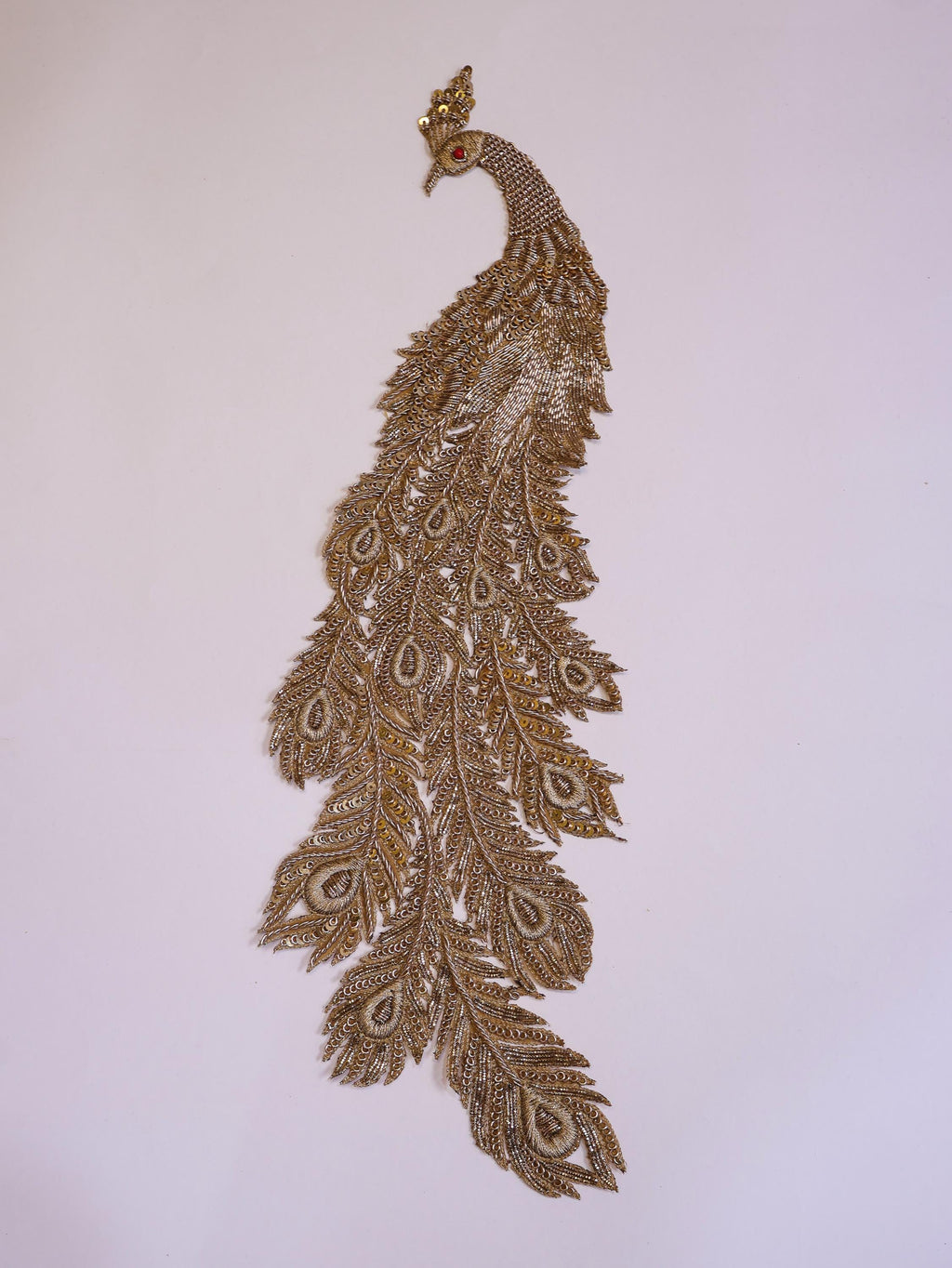Zardozi Peacock Applique Patch: Antique Gold Indian Embroidery, 43cm