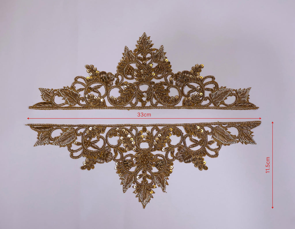 Zardozi Sleeve Patches: Antique Gold Indian Applique (1 Pair)