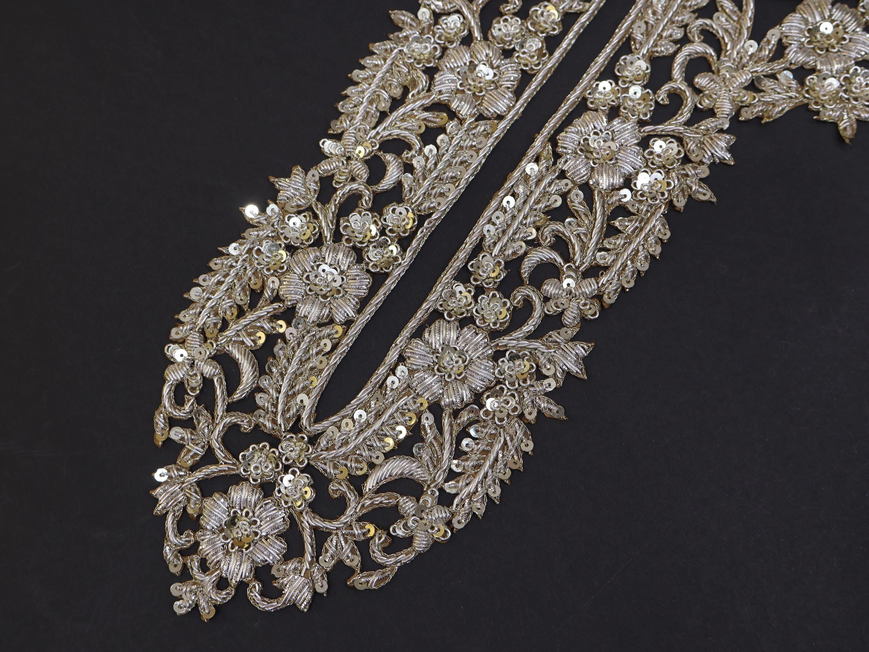 Gold Embroidered Zardozi Neckline Patch with Sleeves: Indian Couture Applique