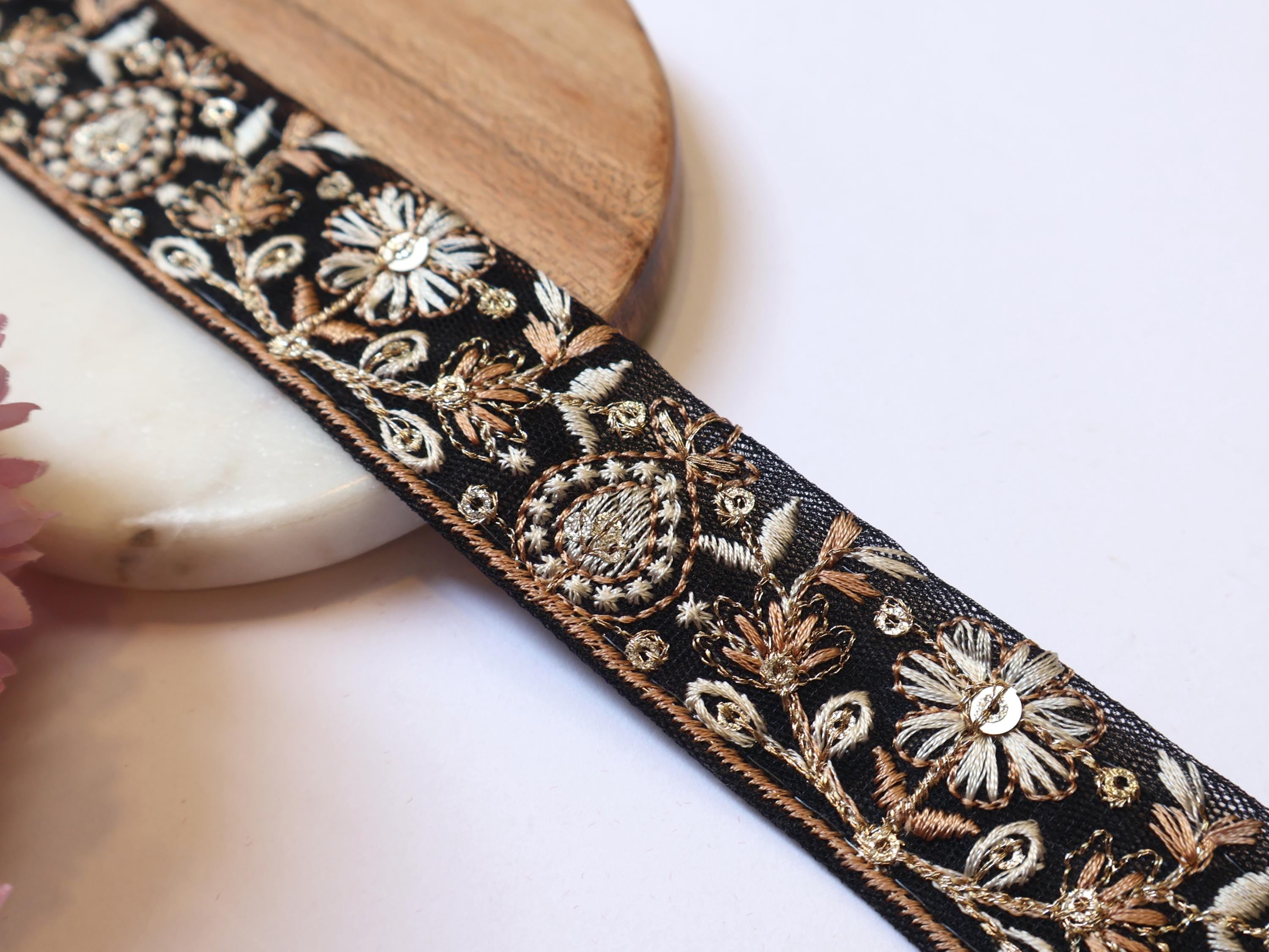 Black & Brown Threadwork Trim Lace: 1" Wide, 9 Yards