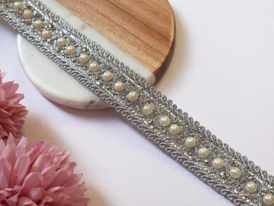 Silver Zircon & Pearl Trim Lace: Indian Sari Border, DIY Crafting - 9 Yards