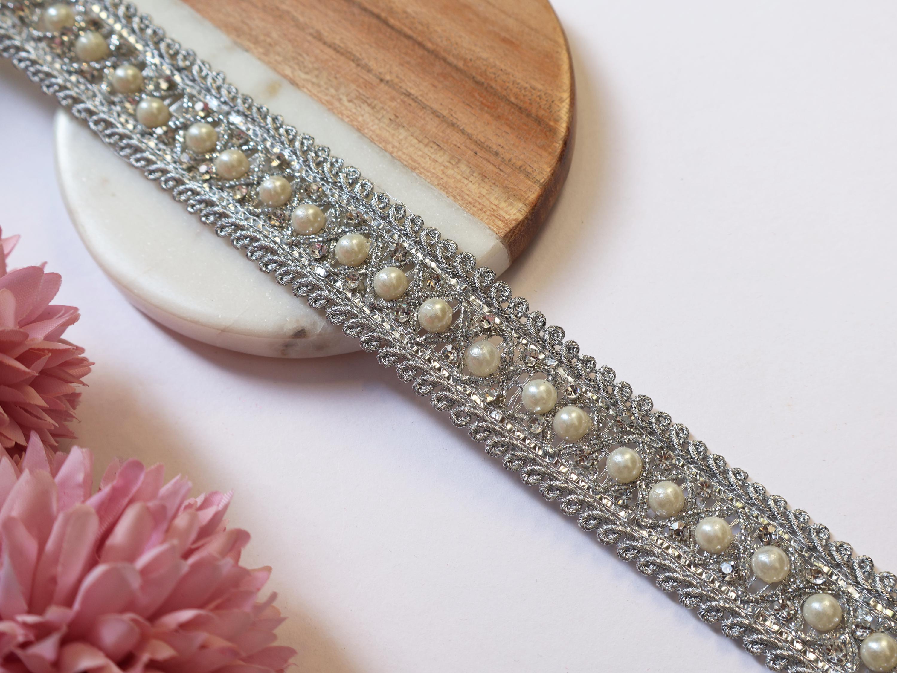 Silver Zircon & Pearl Trim Lace: Indian Sari Border, DIY Crafting - 9 Yards