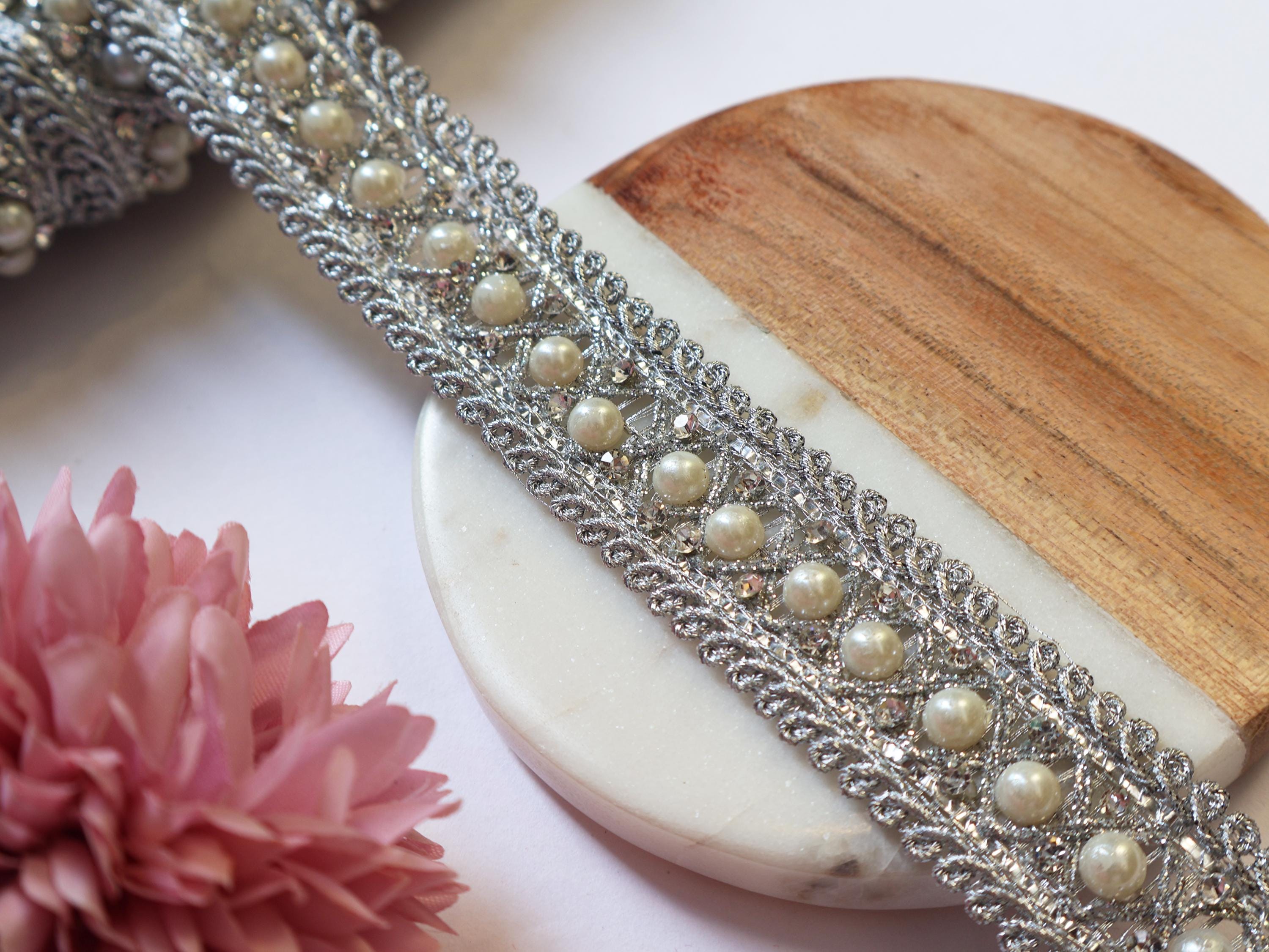 Silver Zircon & Pearl Trim Lace: Indian Sari Border, DIY Crafting - 9 Yards