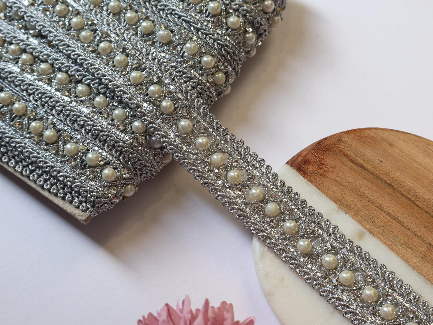 Silver Zircon & Pearl Trim Lace: Indian Sari Border, DIY Crafting - 9 Yards