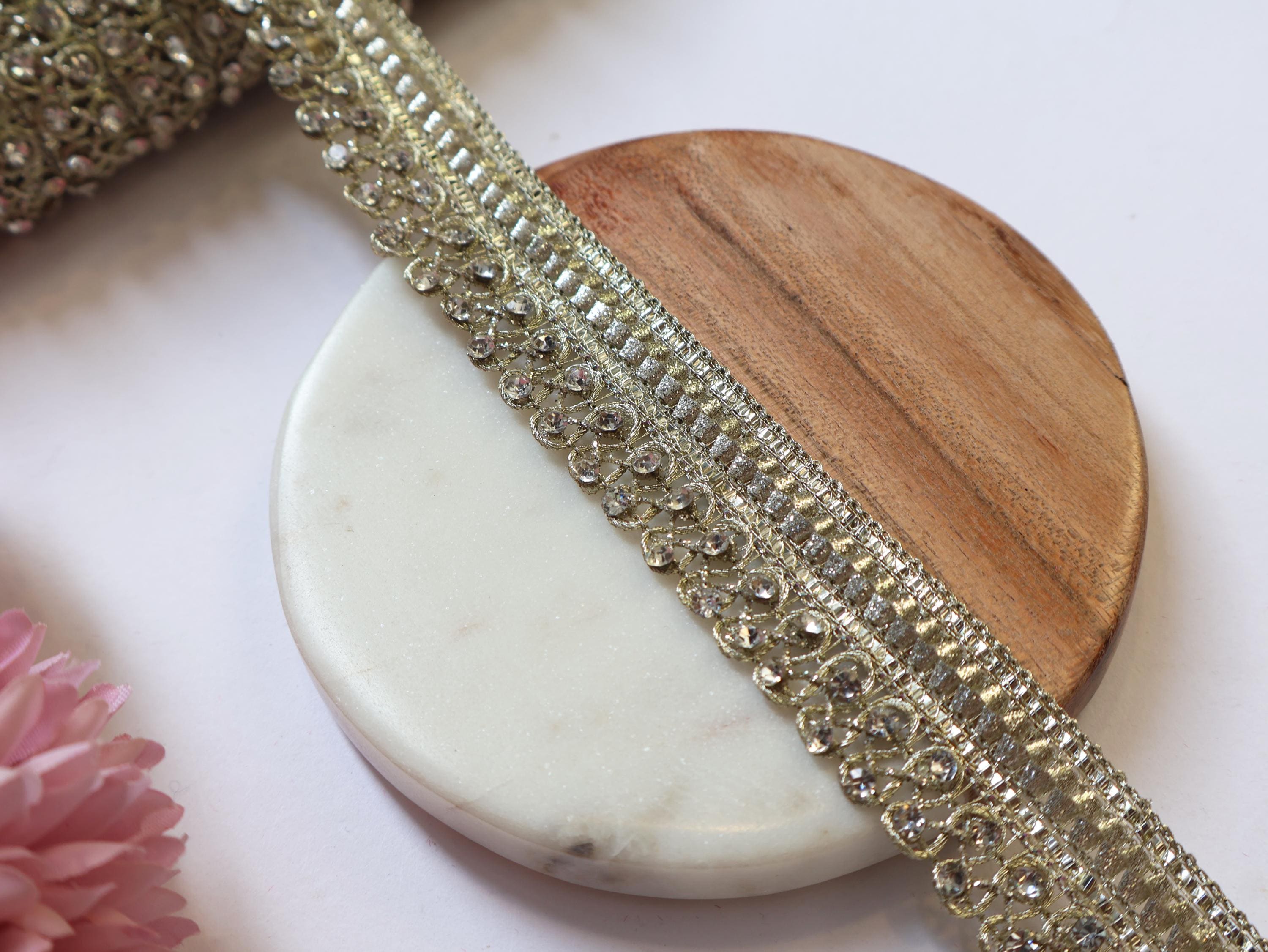 Gold Zircon Crystal Ribbon Trim: Indian Sari Border, 9 Yards