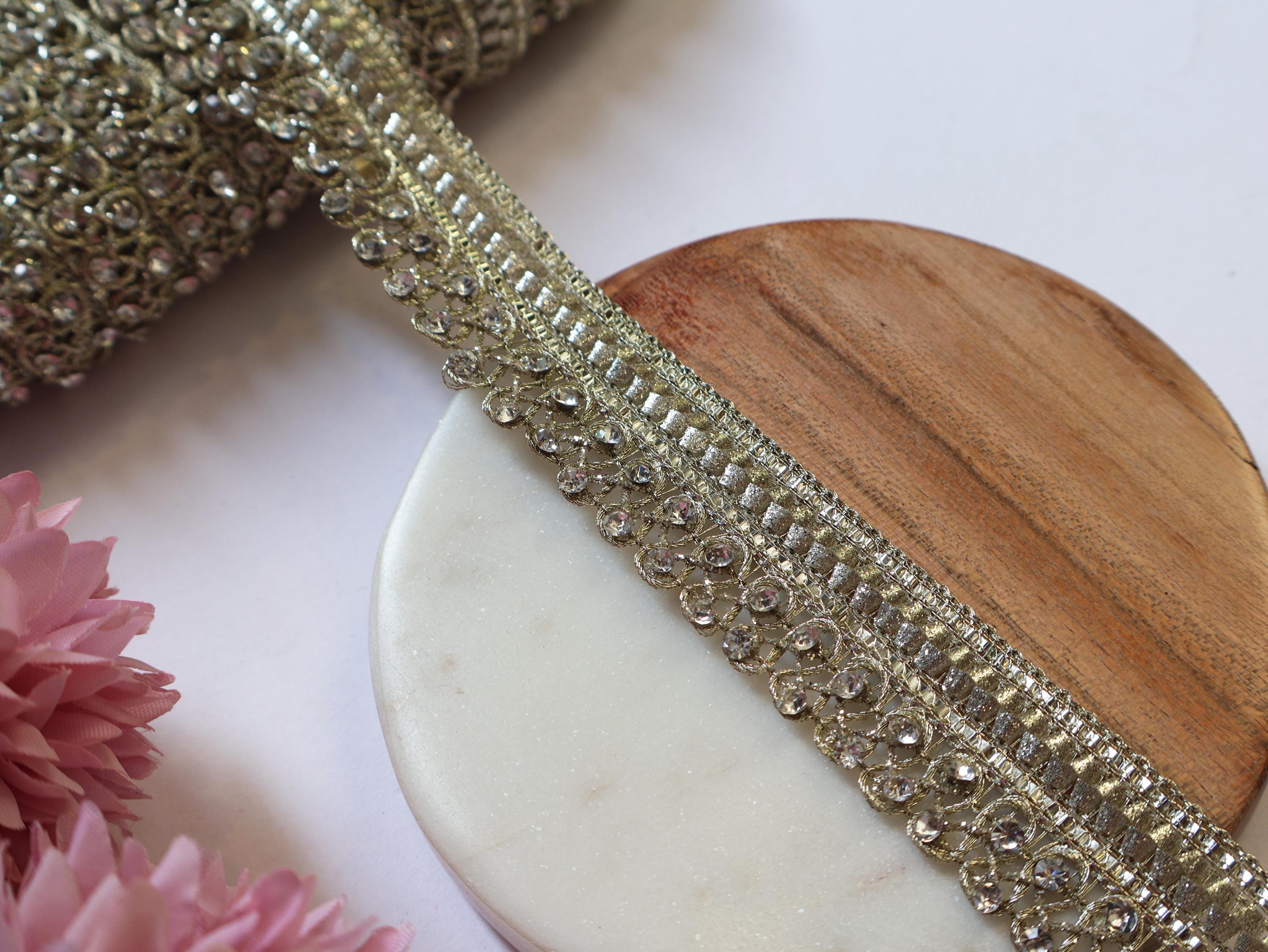 Gold Zircon Crystal Ribbon Trim: Indian Sari Border, 9 Yards