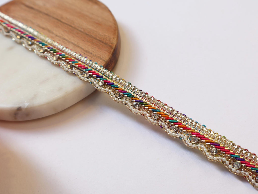 Multi Color Zircon Crystal Ribbon Trim: Zari Embroidery, Indian Sari Border