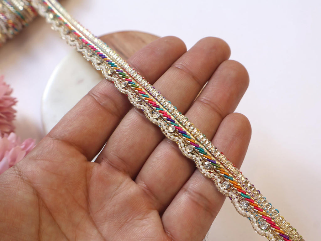 Multi Color Zircon Crystal Ribbon Trim: Zari Embroidery, Indian Sari Border