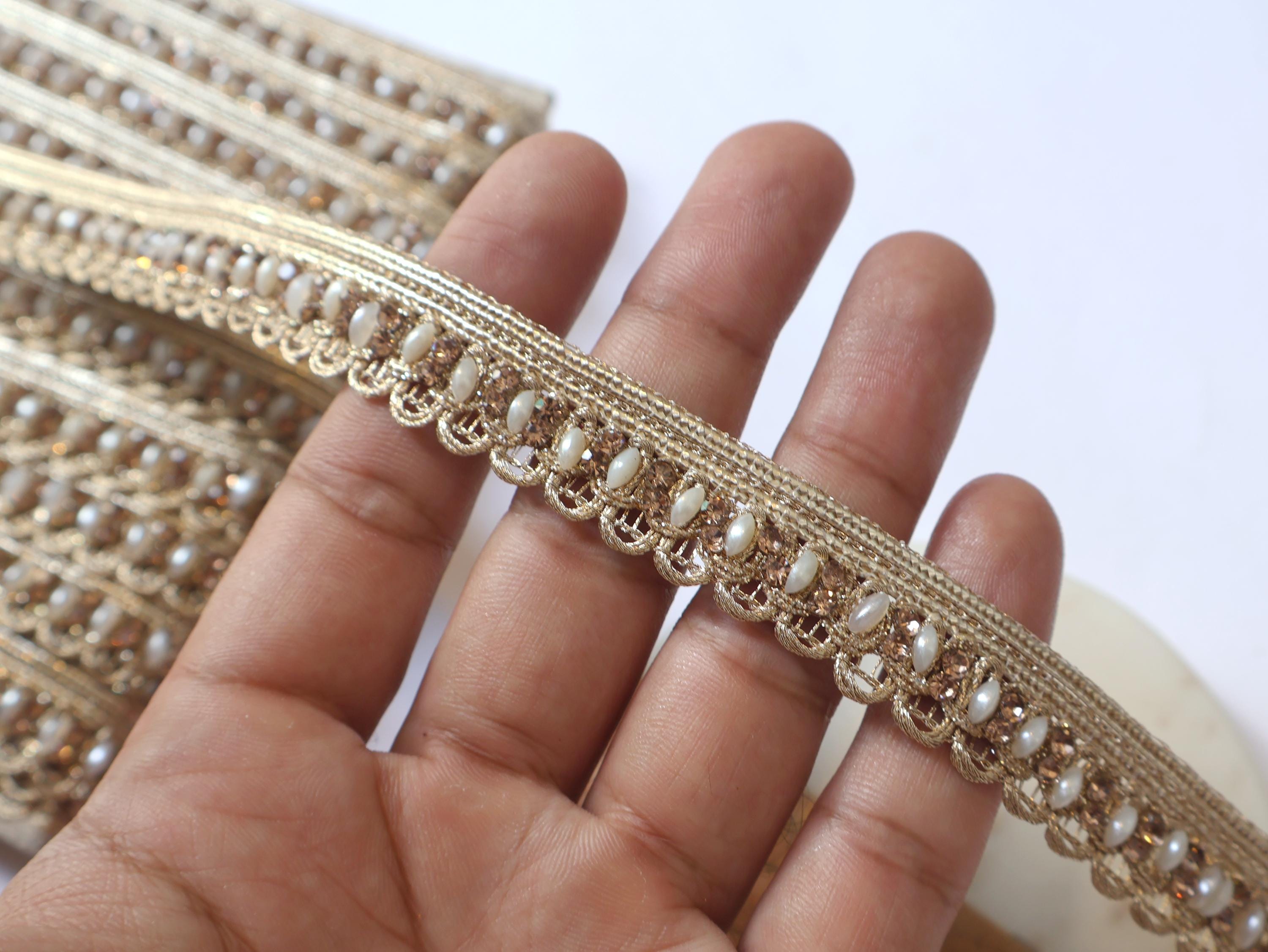Golden Zircon Crystal Ribbon Trim: Indian Zari Lace, 9 Yards