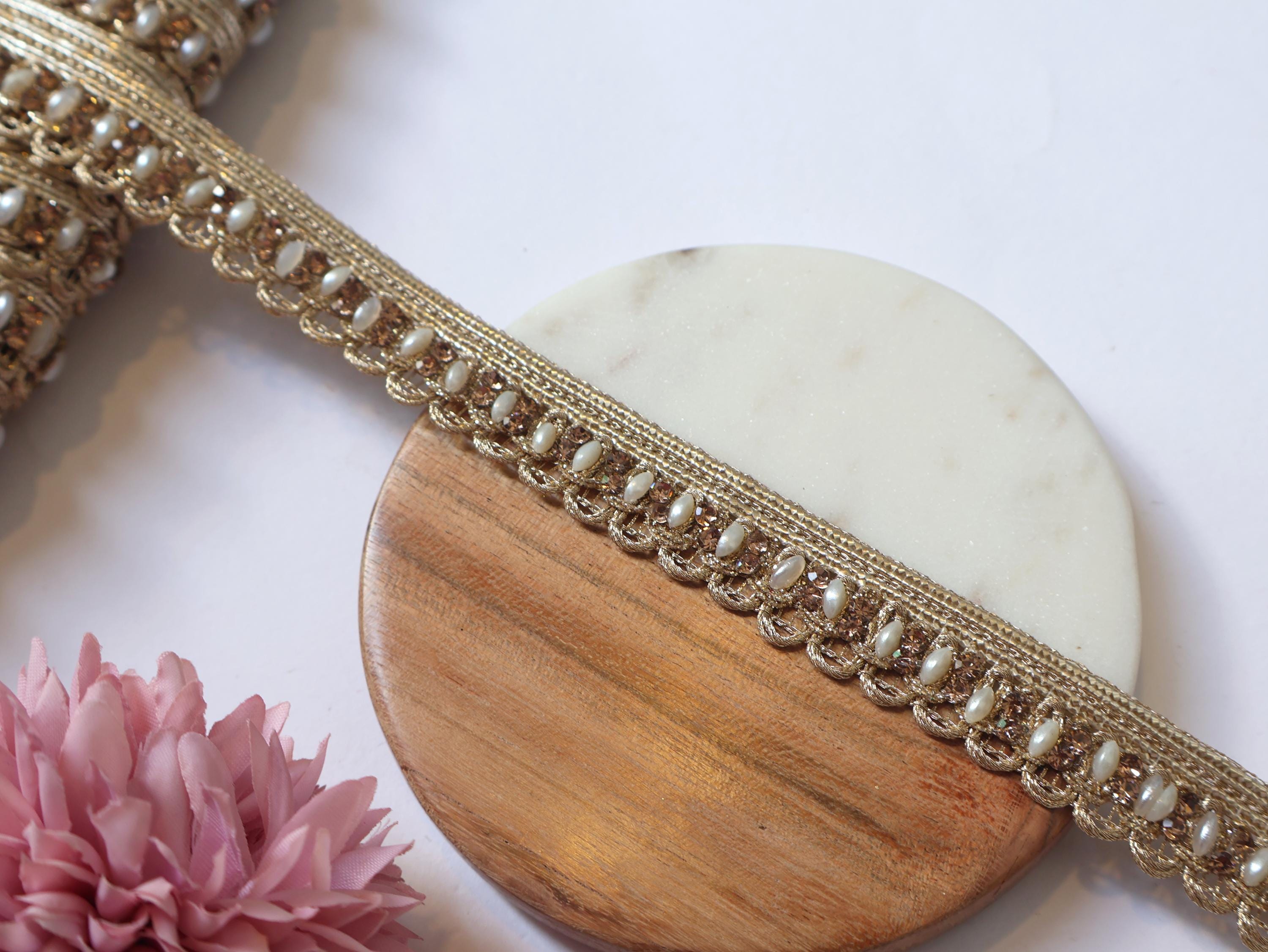 Golden Zircon Crystal Ribbon Trim: Indian Zari Lace, 9 Yards
