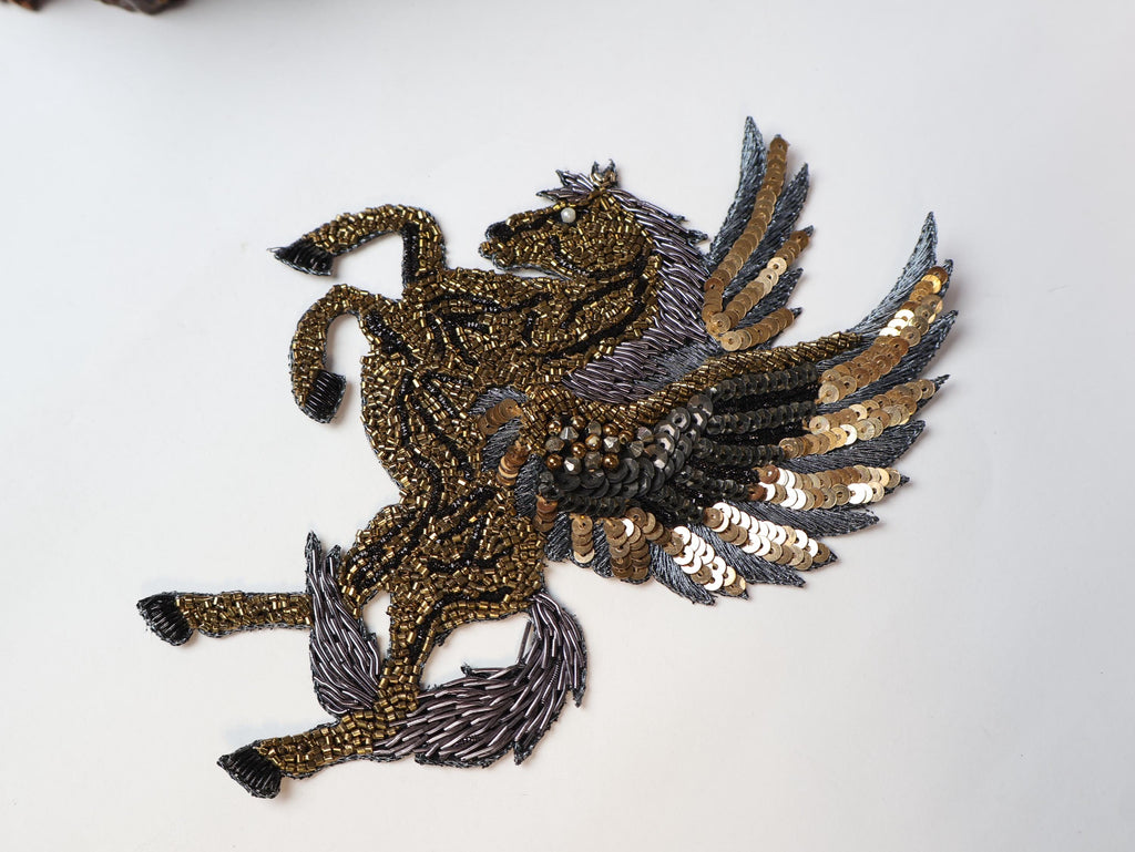 Gold Embroidered Horse Patch: Indian Handwork Sew-On Applique