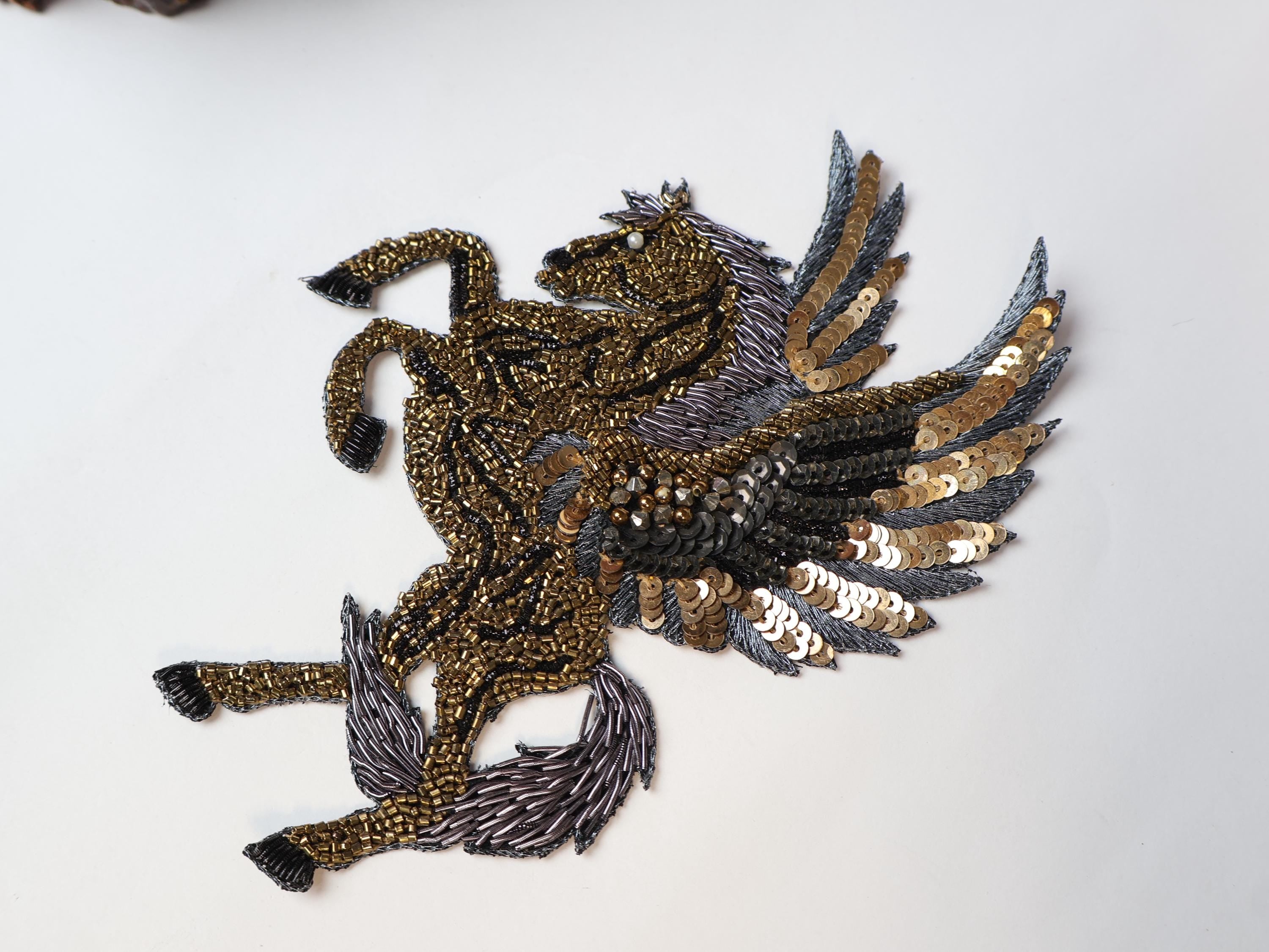 Gold Embroidered Horse Patch: Indian Handwork Sew-On Applique