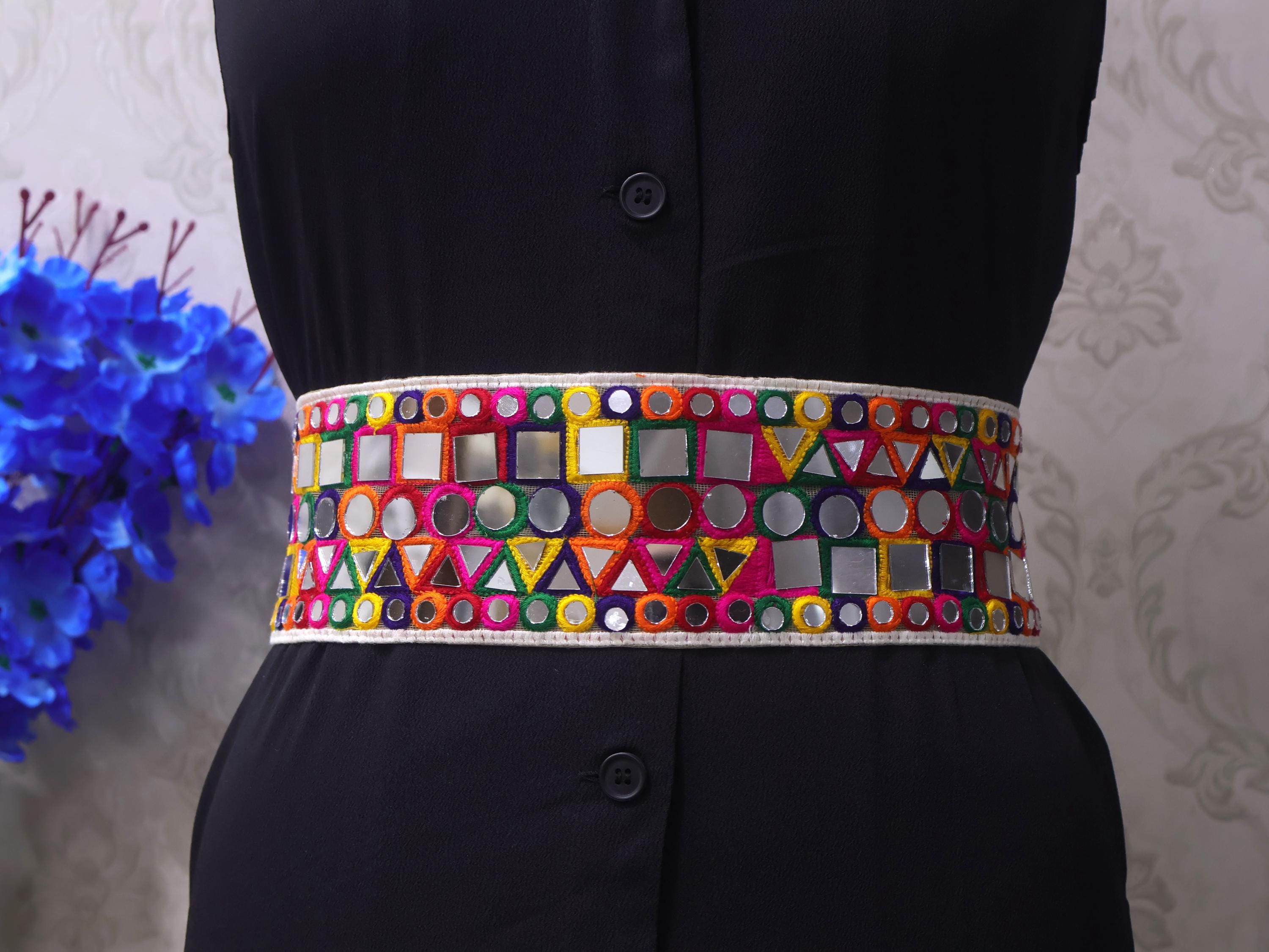 Mirrorwork Boho Waist Belt: Multicolor Embroidered Metal Clasp Chain