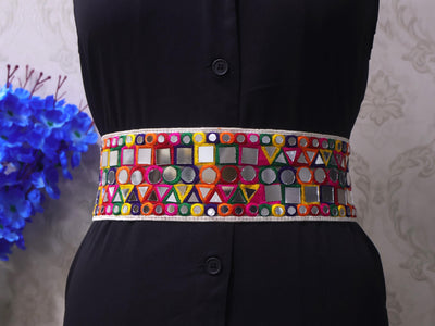 Mirrorwork Boho Waist Belt: Multicolor Embroidered Metal Clasp Chain