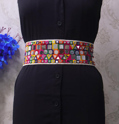 Mirrorwork Boho Waist Belt: Multicolor Embroidered Metal Clasp Chain