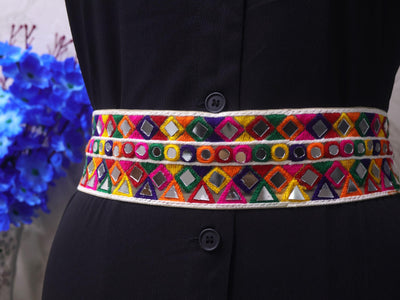 Mirrorwork Waist Belt: Bohemian Indie Style, Metal Clasp, 7cm Broad