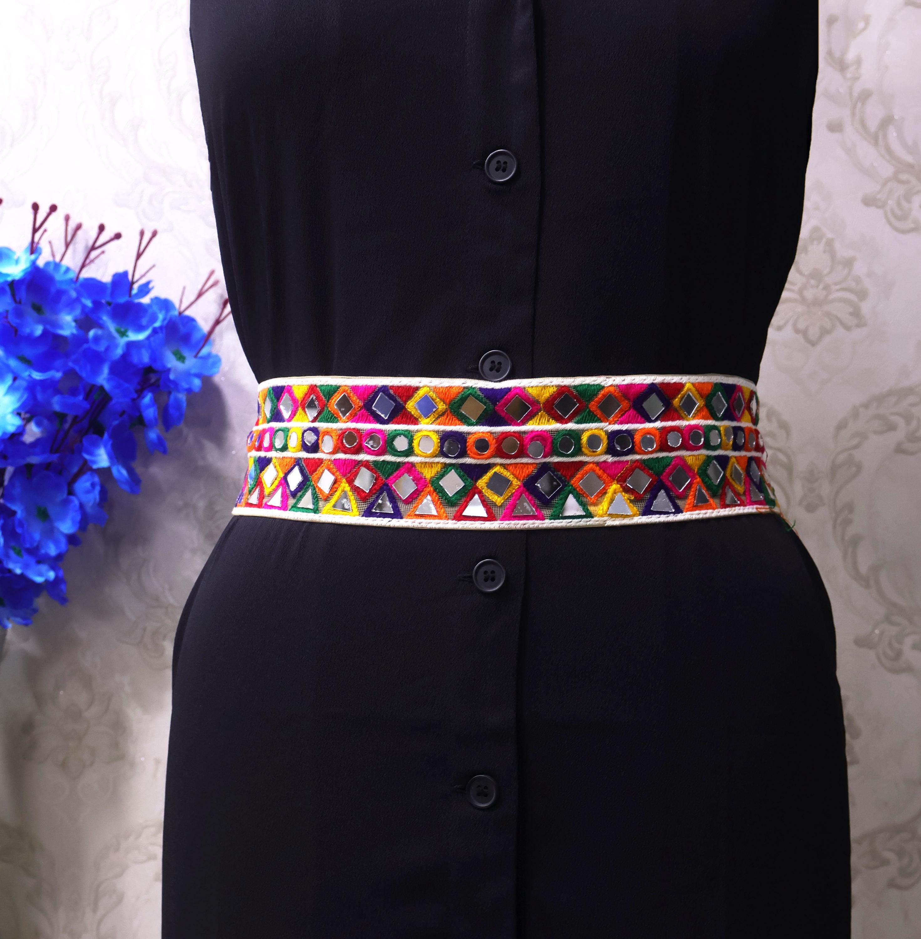 Mirrorwork Waist Belt: Bohemian Indie Style, Metal Clasp, 7cm Broad