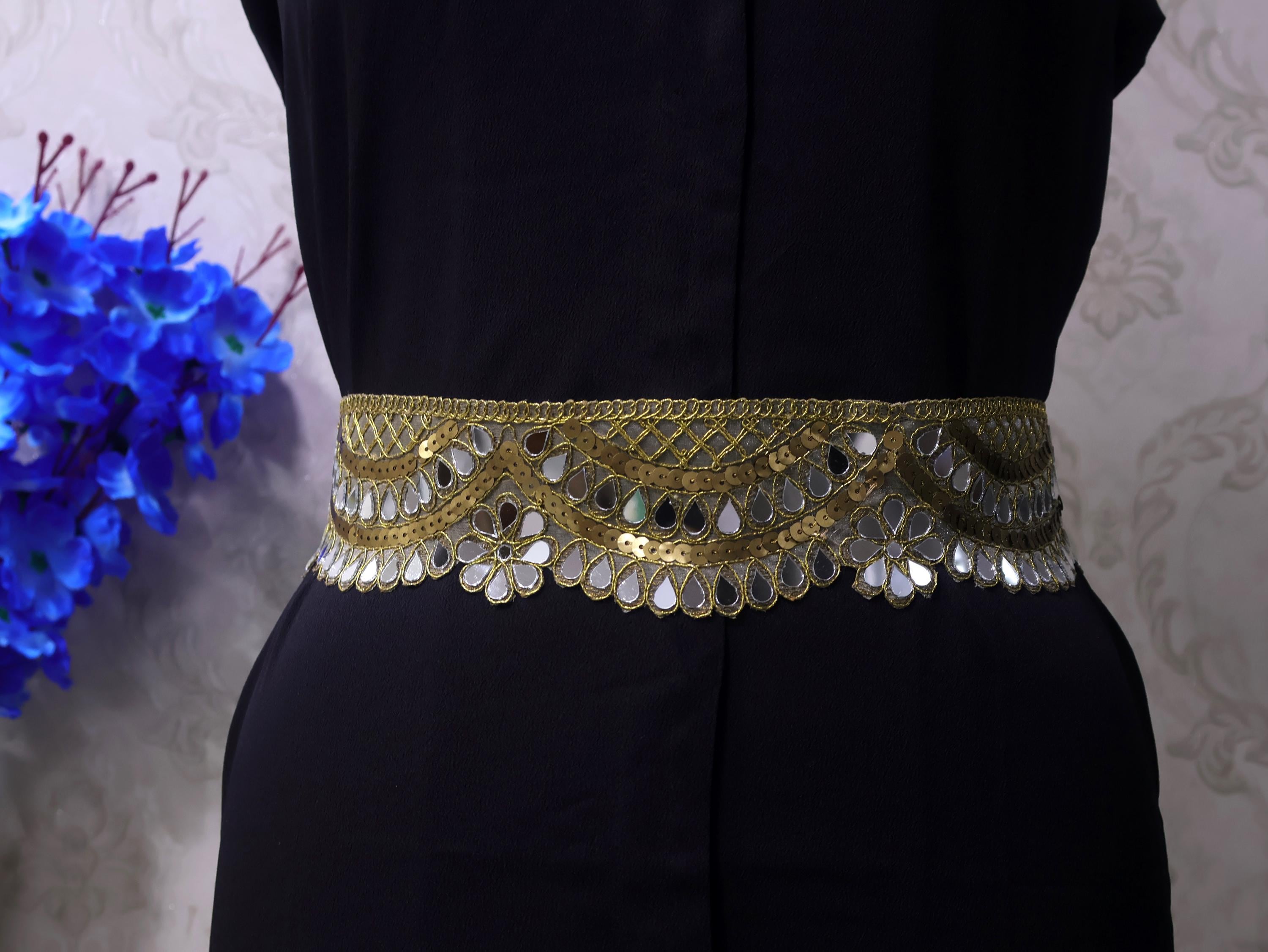 Gold Floral Mirrorwork Waist Belt: Ethnic Chic Statement Jewelry