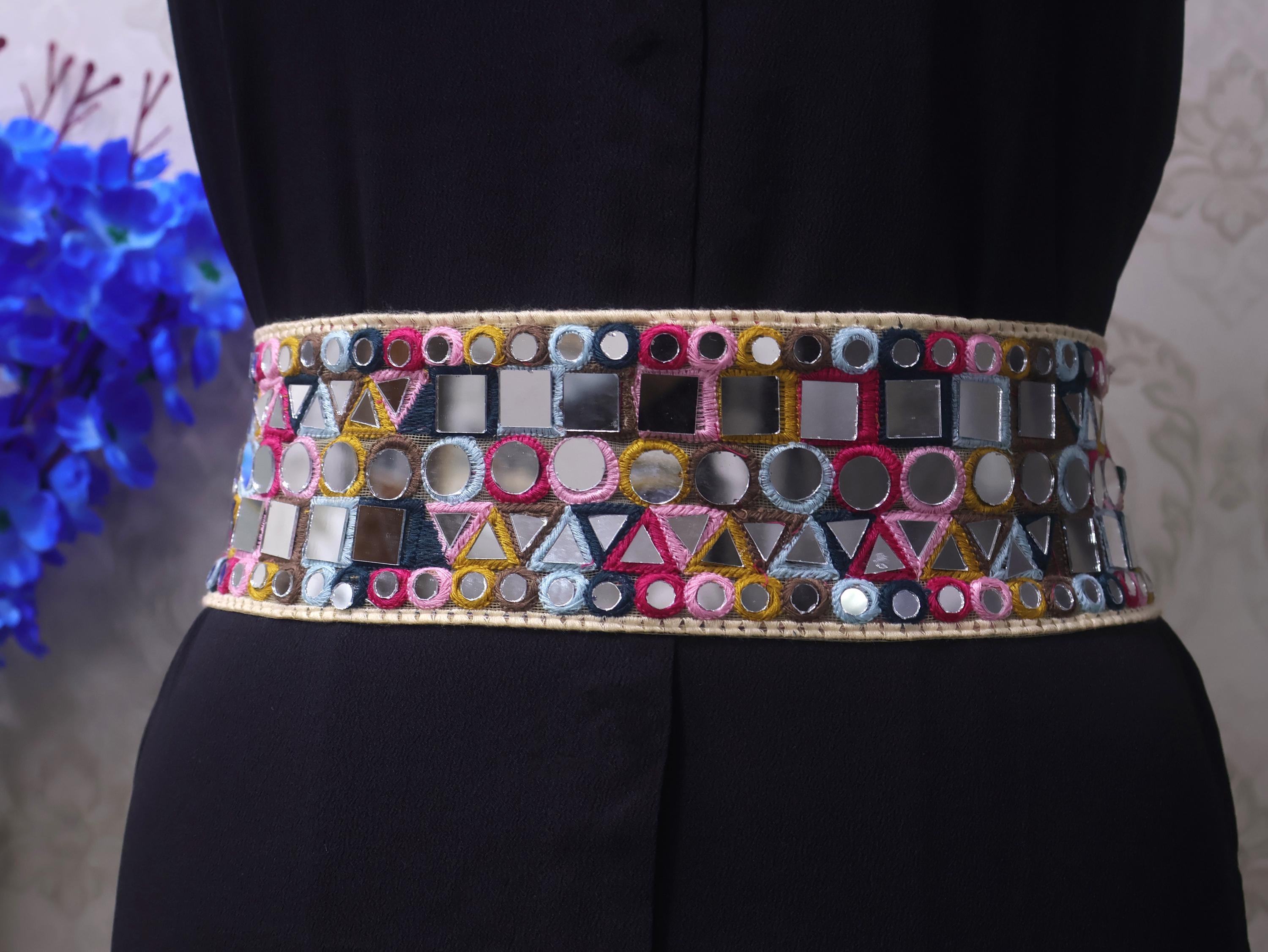 Mirrorwork Boho Waist Belt: Multicolor Embroidered Chain Belt
