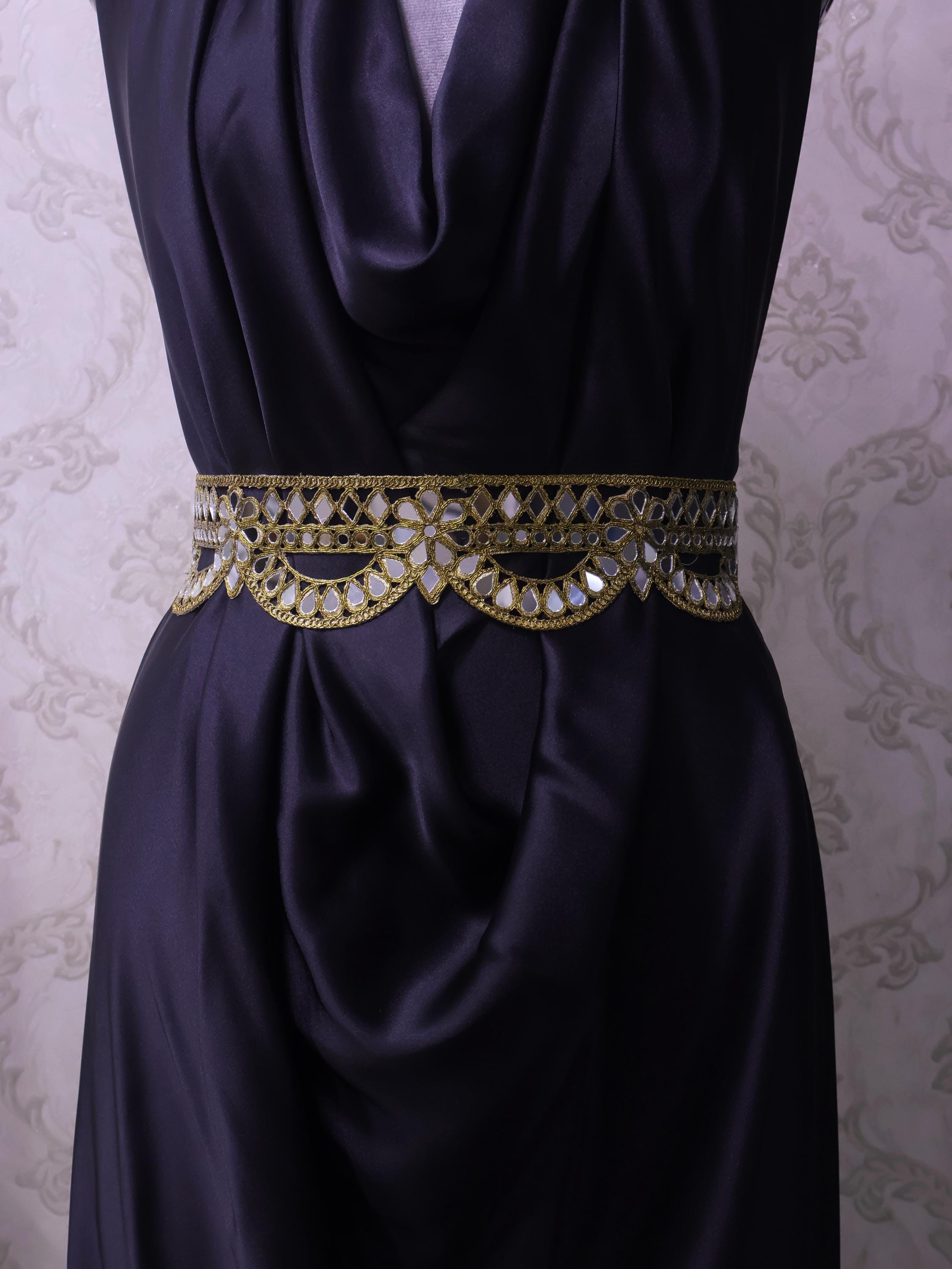 Dark Gold Scalloped Mirror Waist Belt: Floral Cutwork, Adjustable Chain