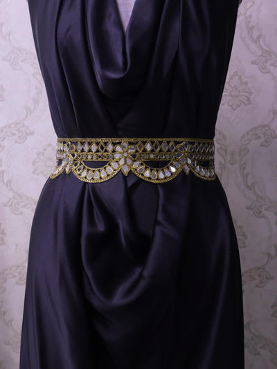 Dark Gold Scalloped Mirror Waist Belt: Floral Cutwork, Adjustable Chain