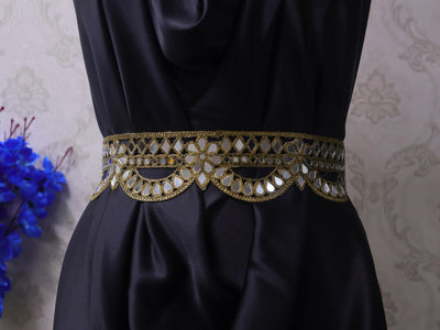 Dark Gold Scalloped Mirror Waist Belt: Floral Cutwork, Adjustable Chain