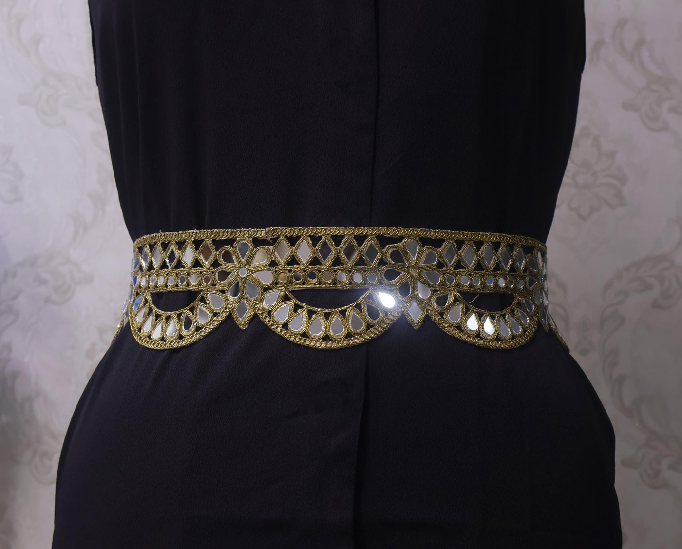 Dark Gold Scalloped Mirror Waist Belt: Floral Cutwork, Adjustable Chain