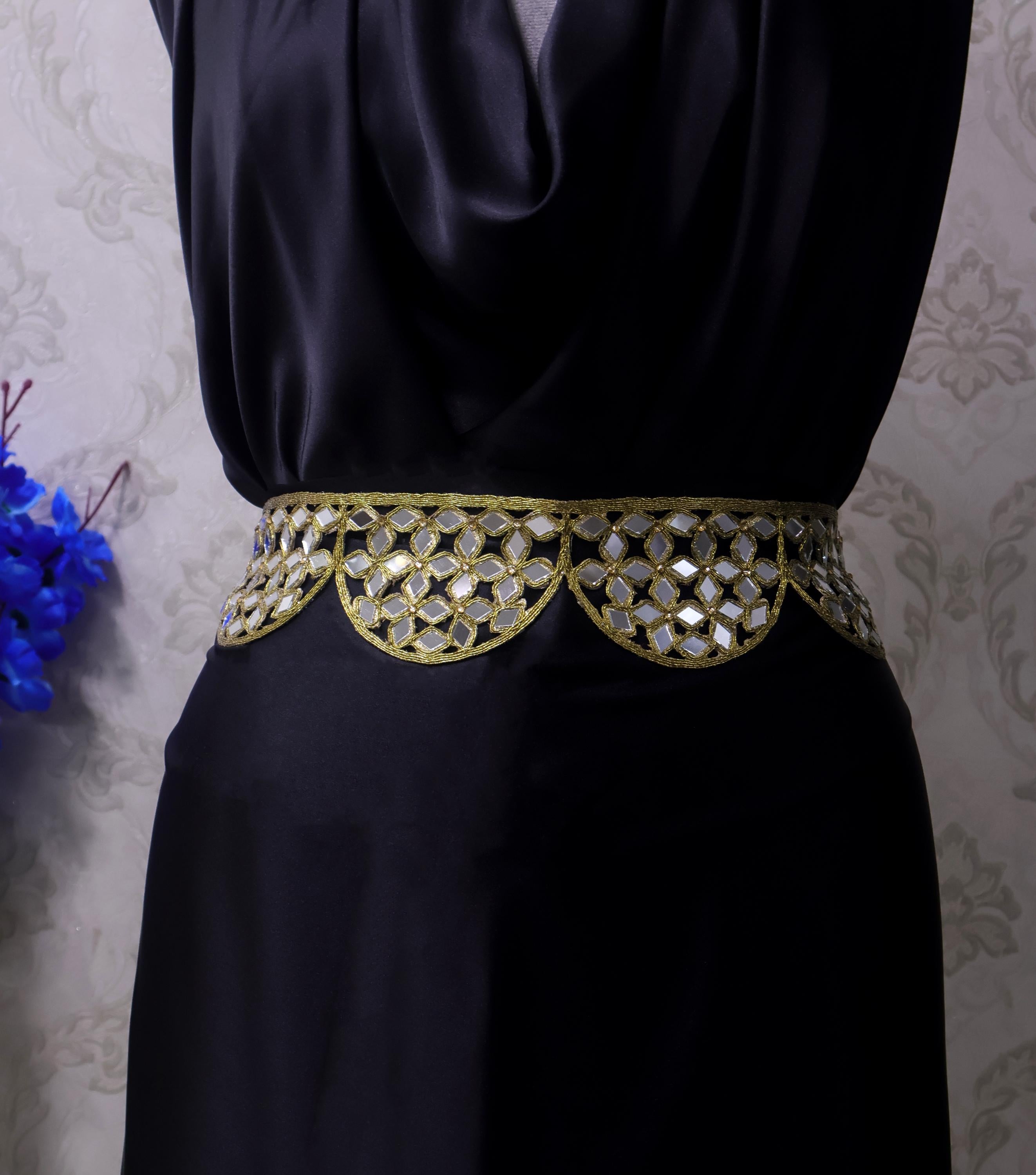 Mirrorwork Waist Belt: Antique Gold Floral Cutwork, Adjustable Chain
