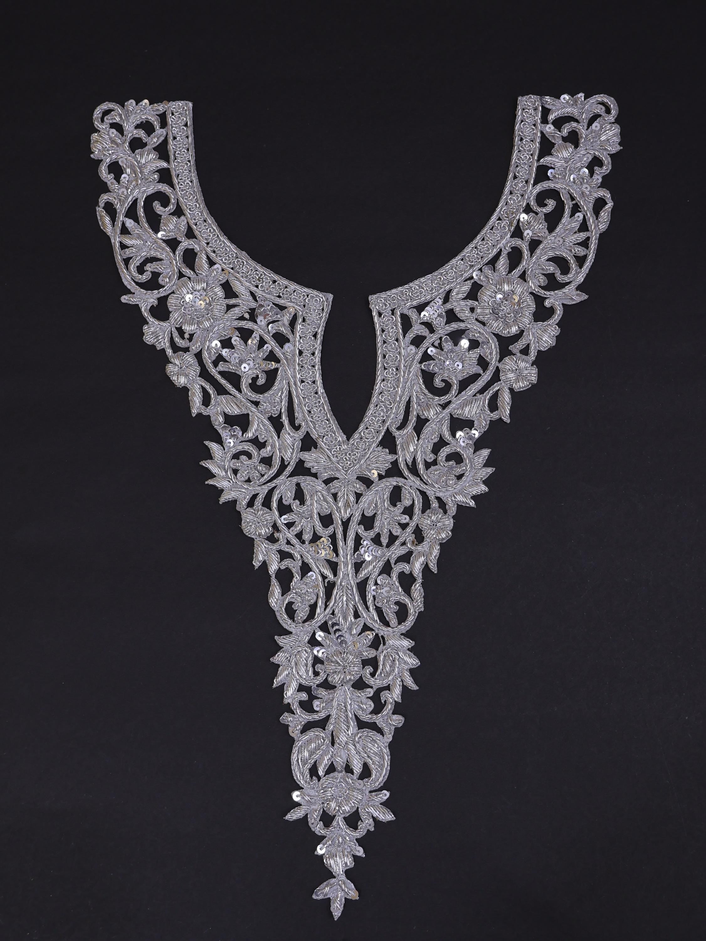 Metallic Silver Zardozi Embroidered Neckline Patch with Sleeves