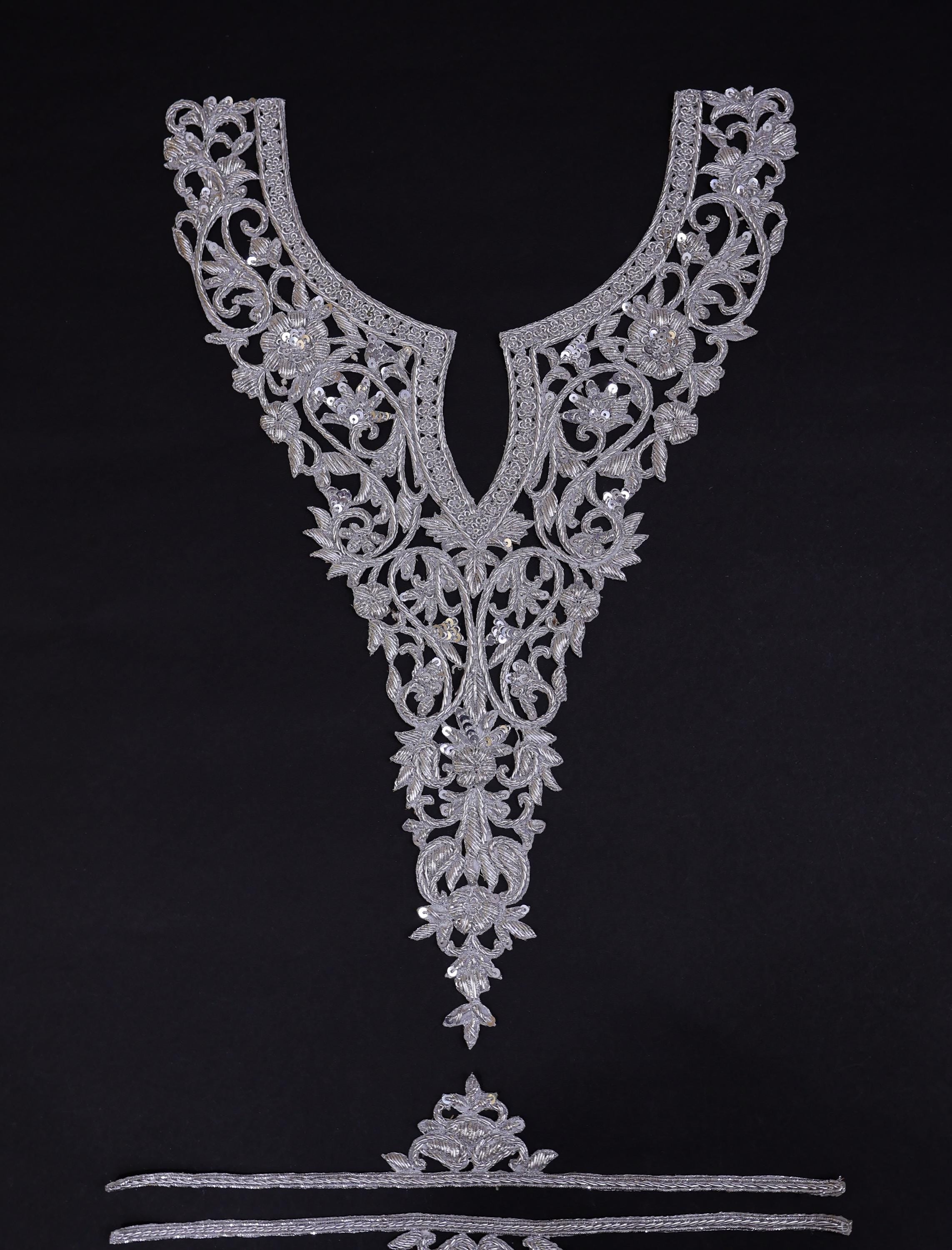 Metallic Silver Zardozi Embroidered Neckline Patch with Sleeves