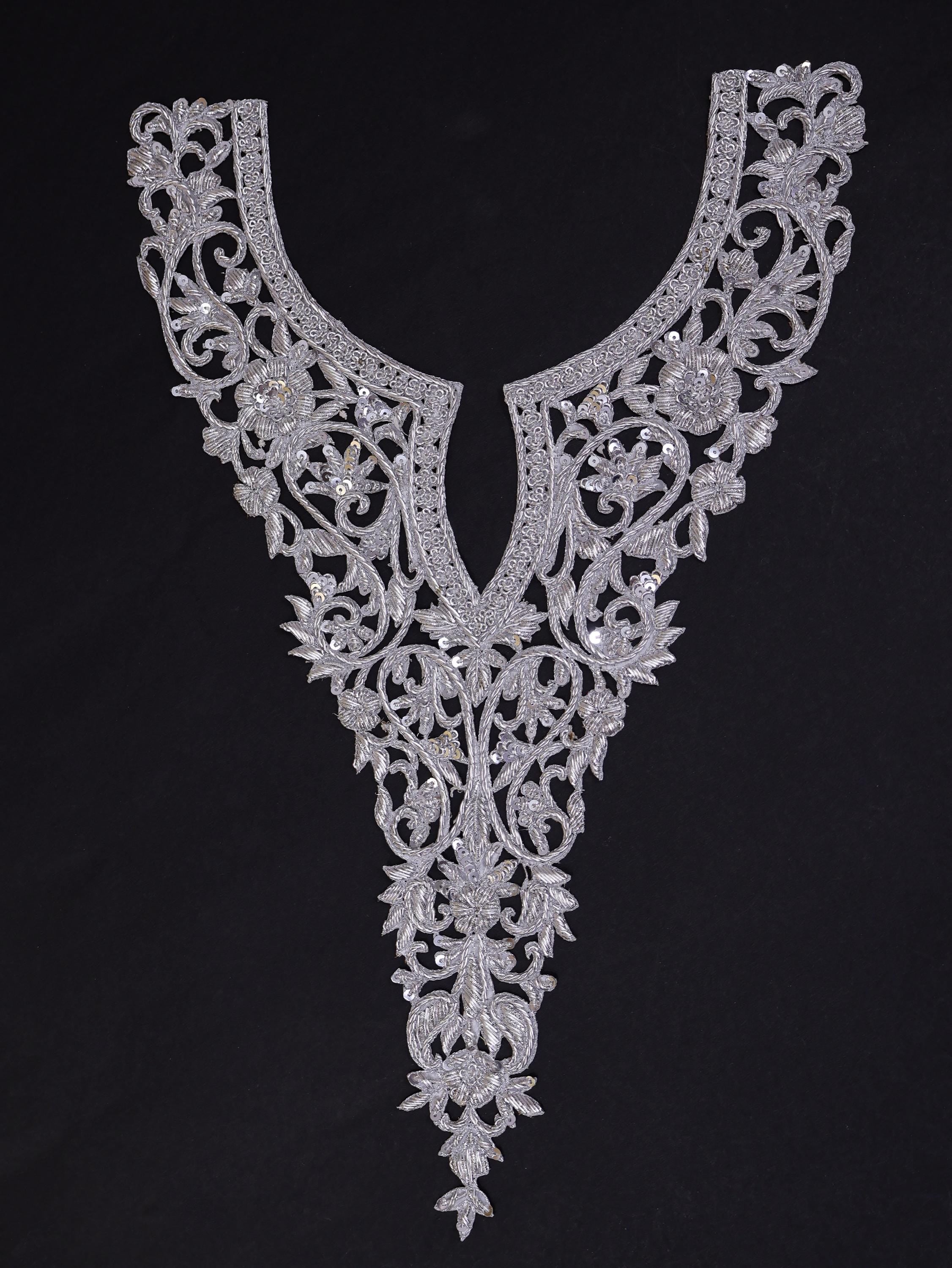 Metallic Silver Zardozi Embroidered Neckline Patch with Sleeves