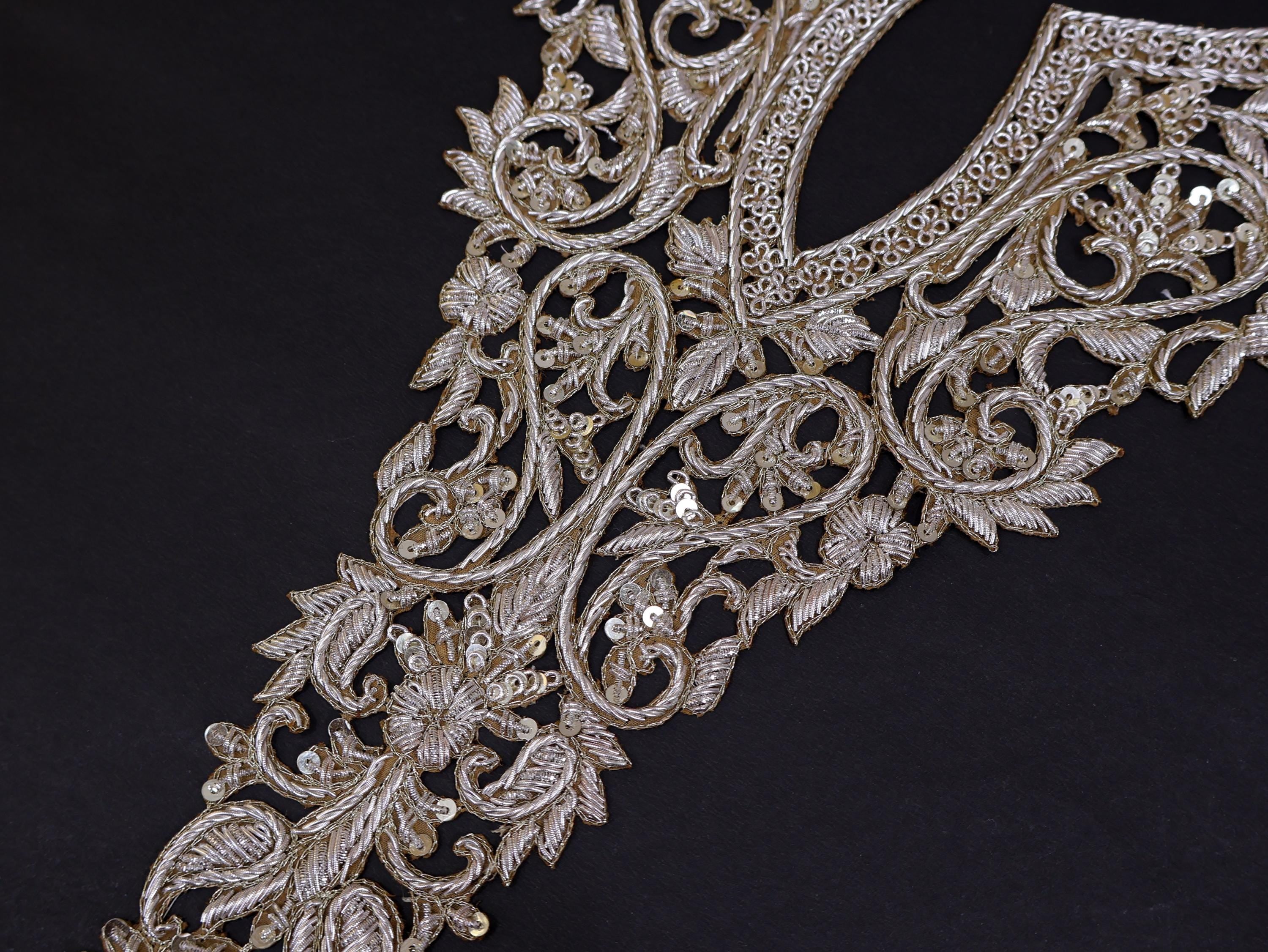 Metallic Silver Zardozi Embroidered Neckline Patch with Sleeves