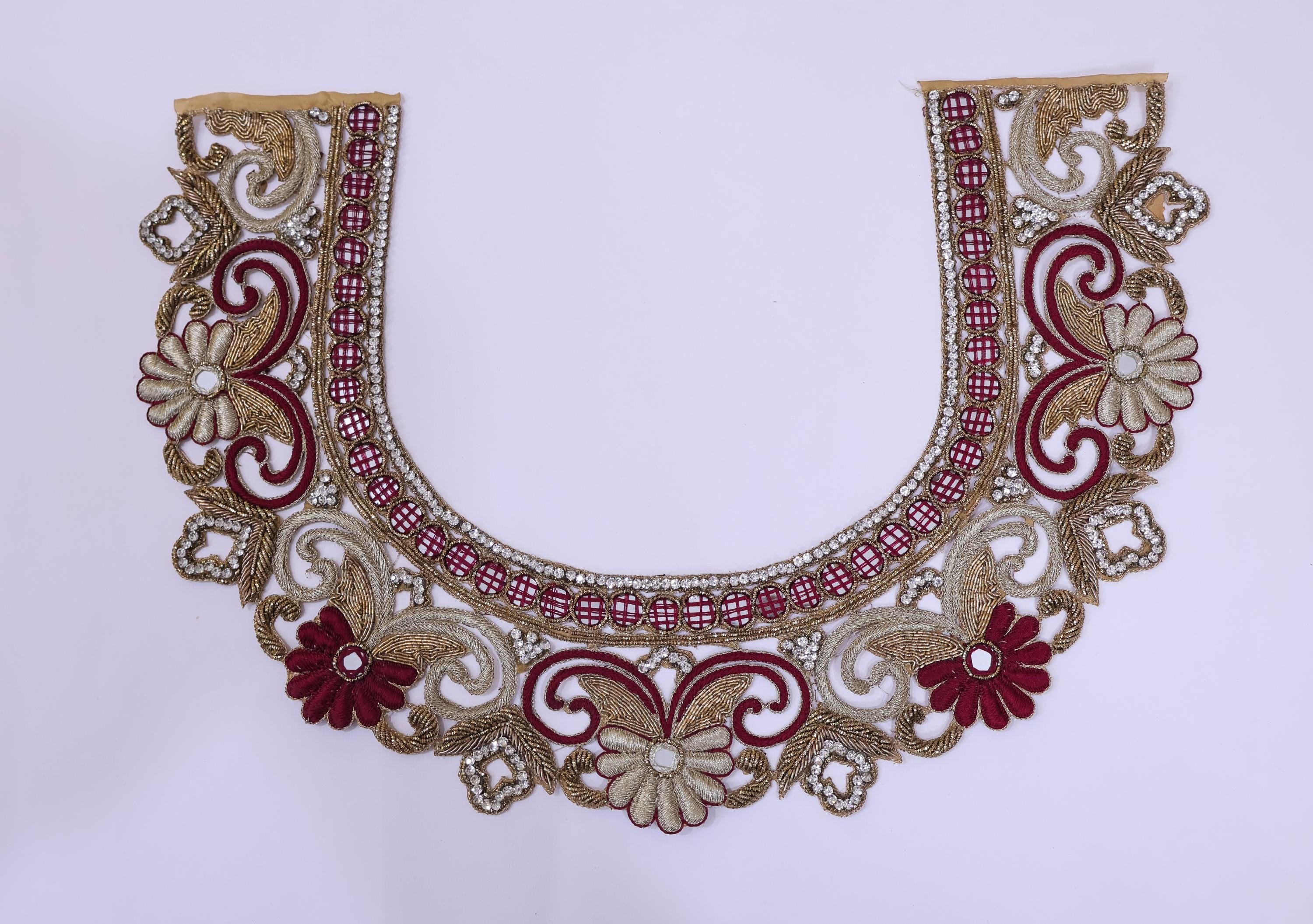 Maroon & Golden Embroidered Neckline Patch with Sleeves: Indian Applique