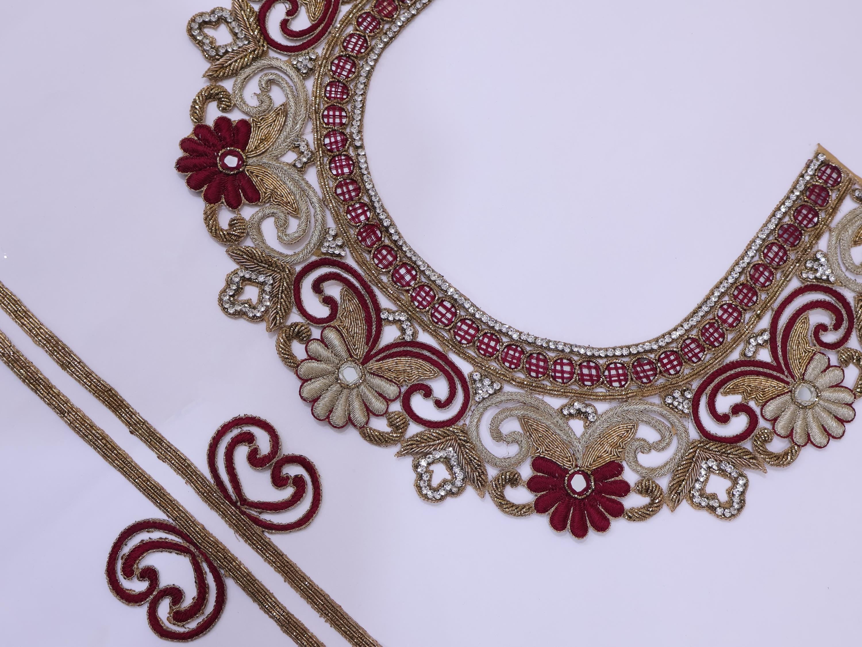 Maroon & Golden Embroidered Neckline Patch with Sleeves: Indian Applique