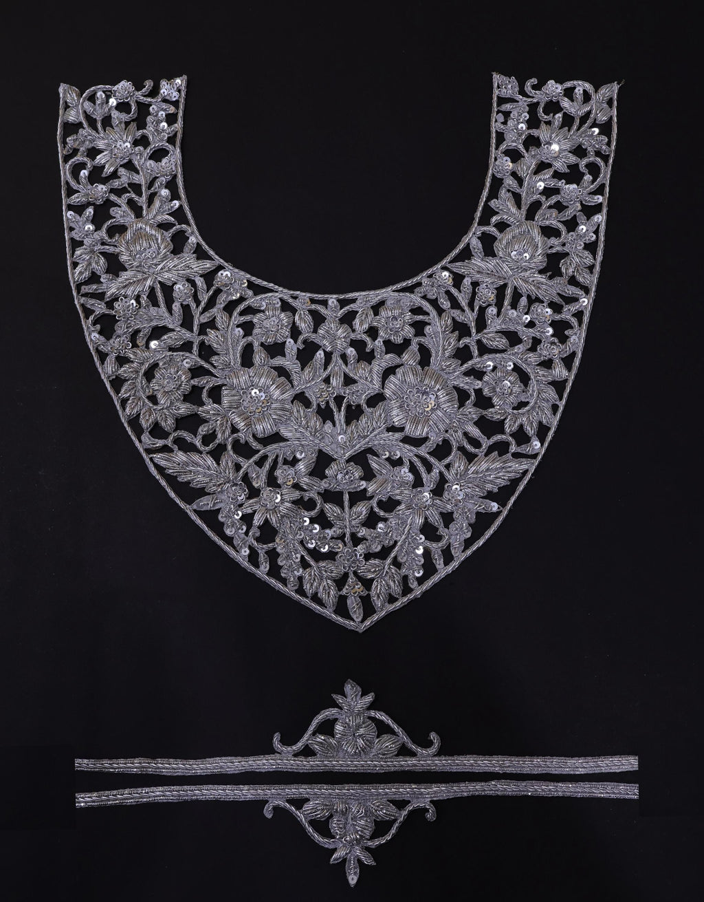 Zardozi Embroidered Neckline Patch with Sleeves: Metallic Silver Indian Applique