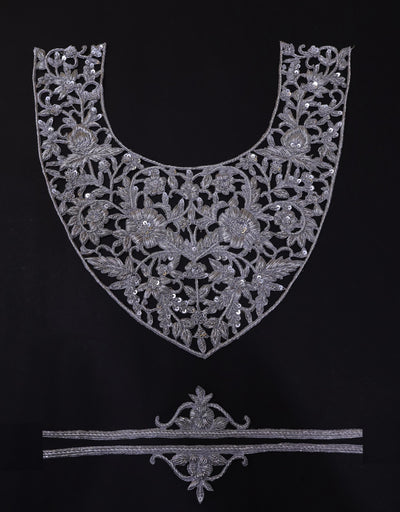 Zardozi Embroidered Neckline Patch with Sleeves: Metallic Silver Indian Applique