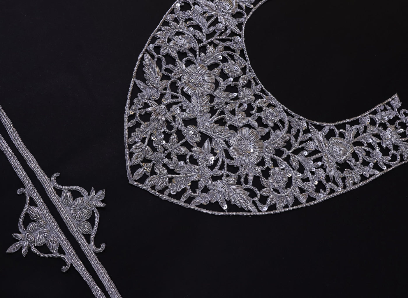 Zardozi Embroidered Neckline Patch with Sleeves: Metallic Silver Indian Applique