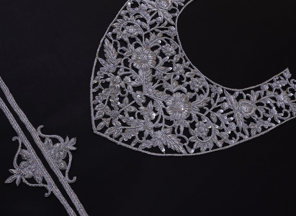 Zardozi Embroidered Neckline Patch with Sleeves: Metallic Silver Indian Applique