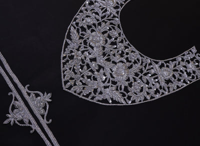 Zardozi Embroidered Neckline Patch with Sleeves: Metallic Silver Indian Applique