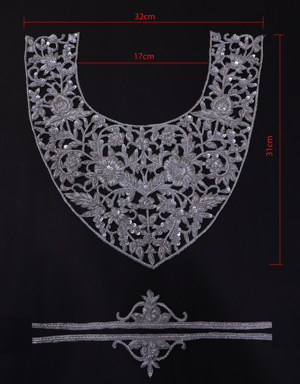Zardozi Embroidered Neckline Patch with Sleeves: Metallic Silver Indian Applique