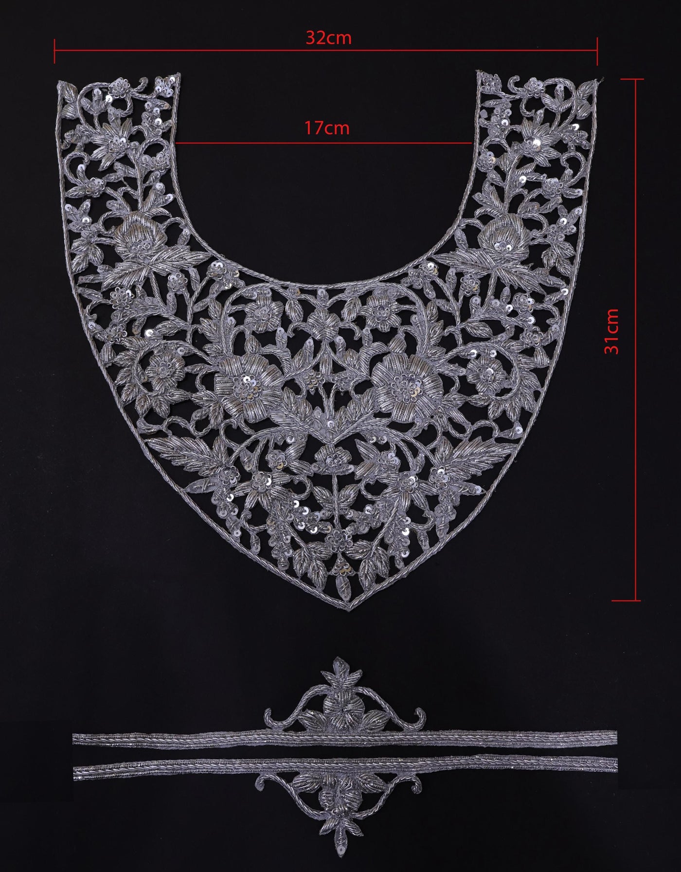 Zardozi Embroidered Neckline Patch with Sleeves: Metallic Silver Indian Applique