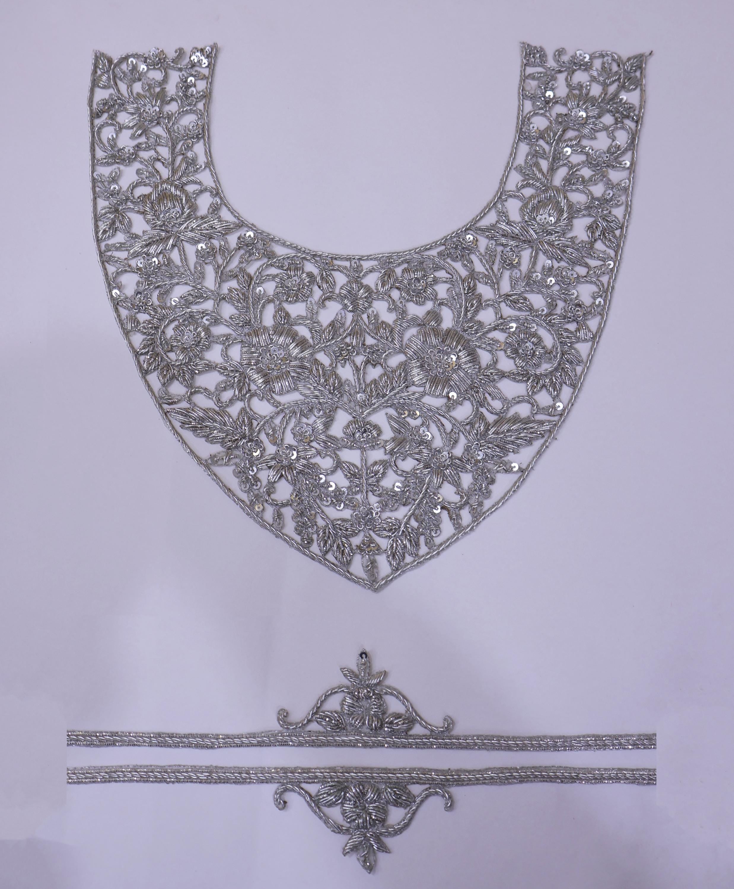 Zardozi Embroidered Neckline Patch with Sleeves: Metallic Silver Indian Applique