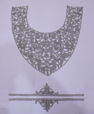 Zardozi Embroidered Neckline Patch with Sleeves: Metallic Silver Indian Applique