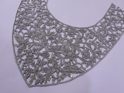 Zardozi Embroidered Neckline Patch with Sleeves: Metallic Silver Indian Applique