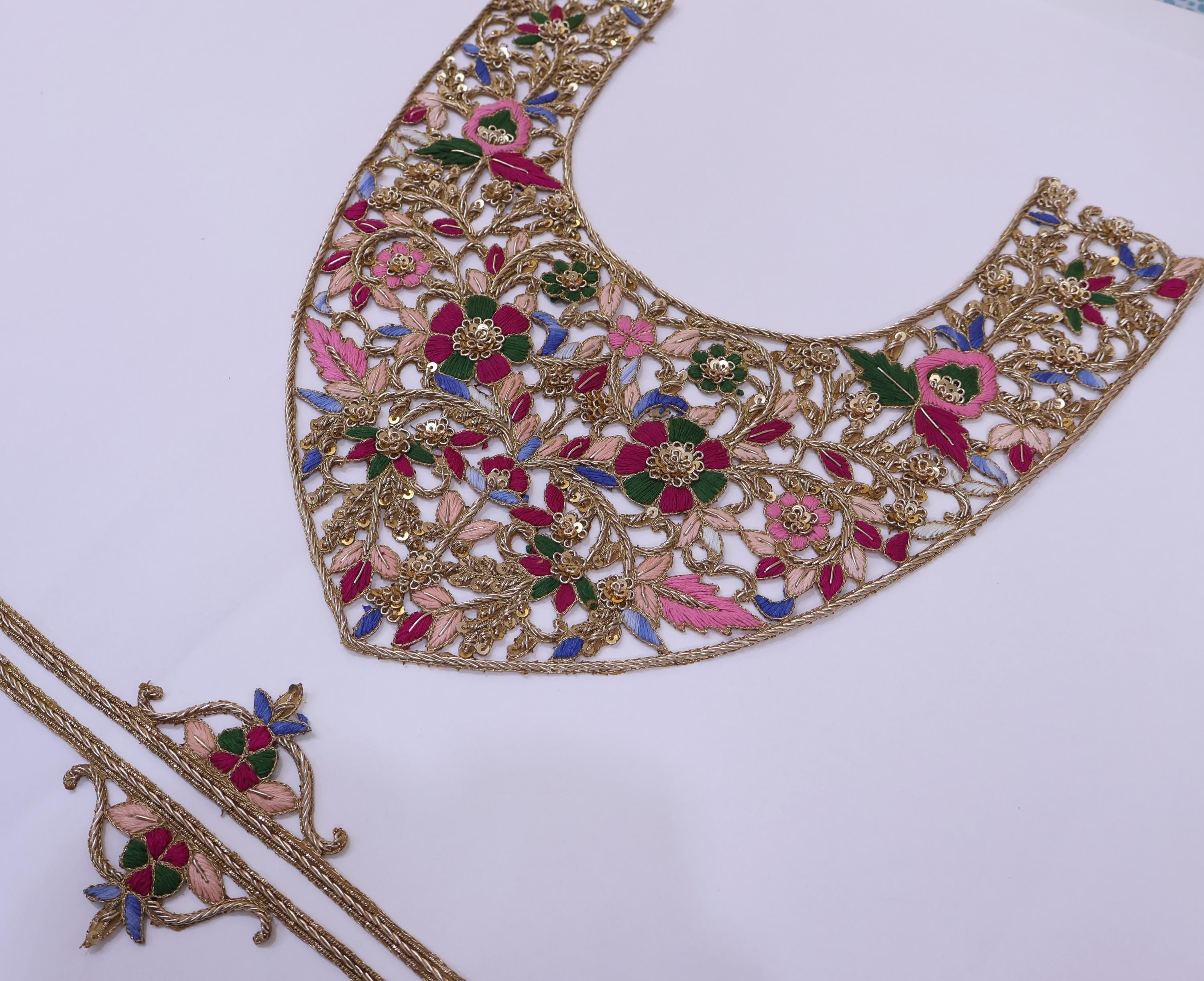 Handmade Zardozi Embroidered Neckline Patch with Sleeves - Indian DIY Sewing