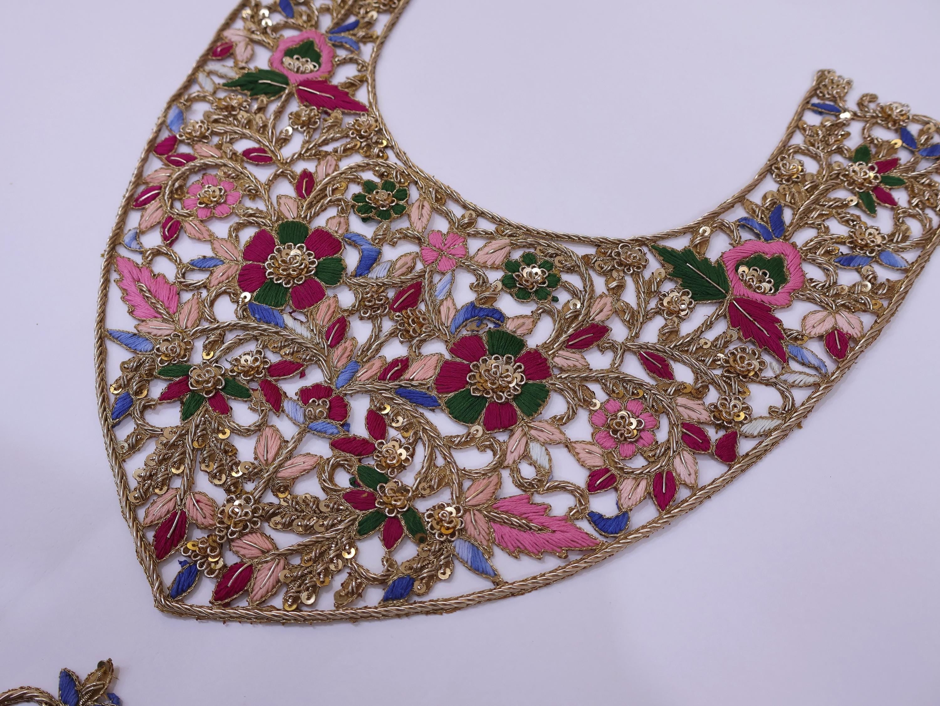Handmade Zardozi Embroidered Neckline Patch with Sleeves - Indian DIY Sewing