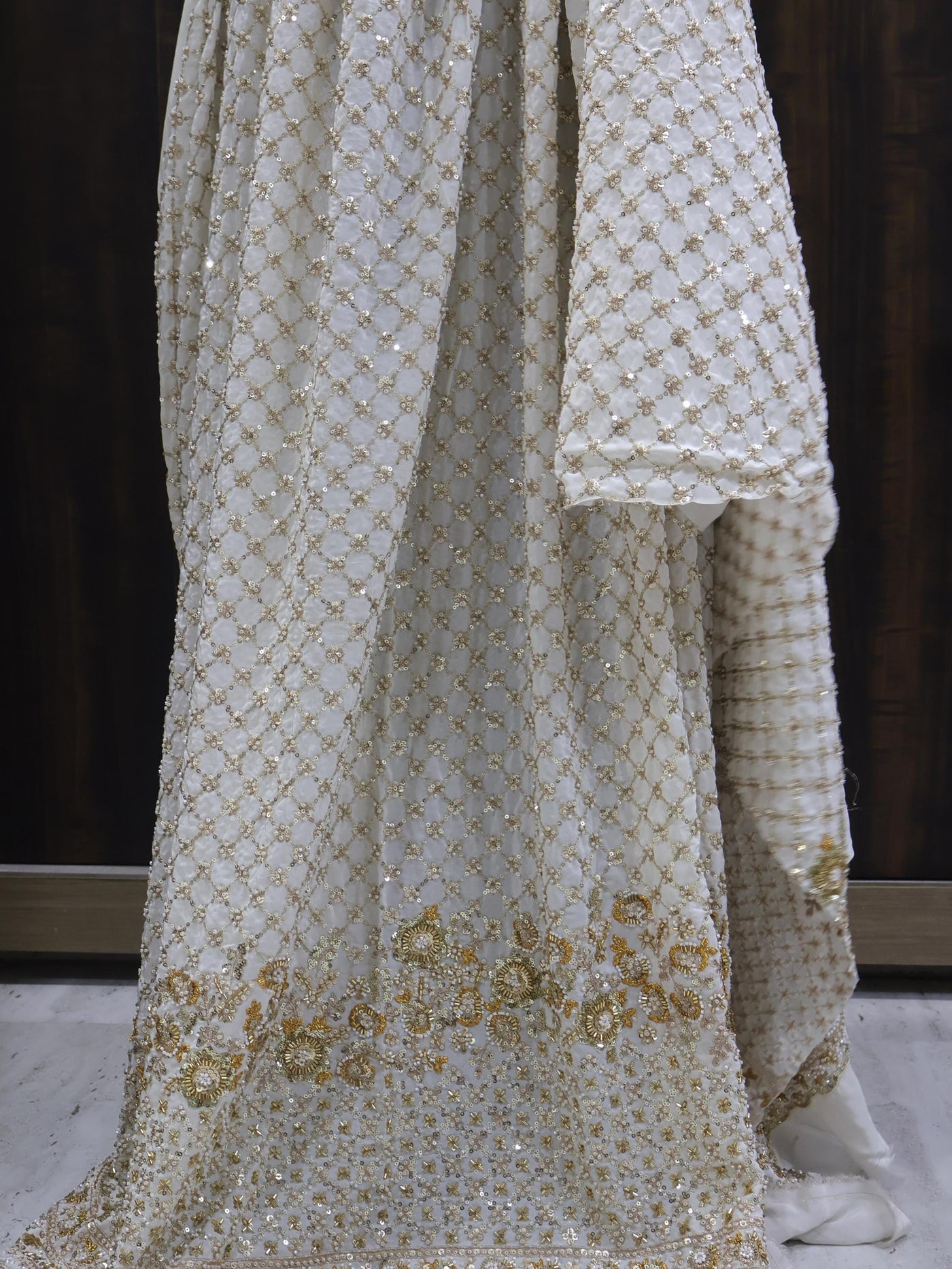 White Crepe Fabric: Beaded Indian Handwork, 60 Inch