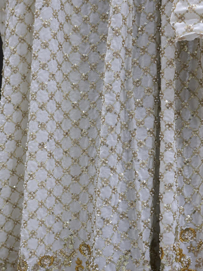 White Crepe Fabric: Beaded Indian Handwork, 60 Inch