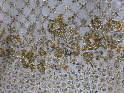 White Crepe Fabric: Beaded Indian Handwork, 60 Inch