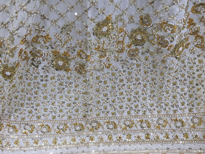 White Crepe Fabric: Beaded Indian Handwork, 60 Inch